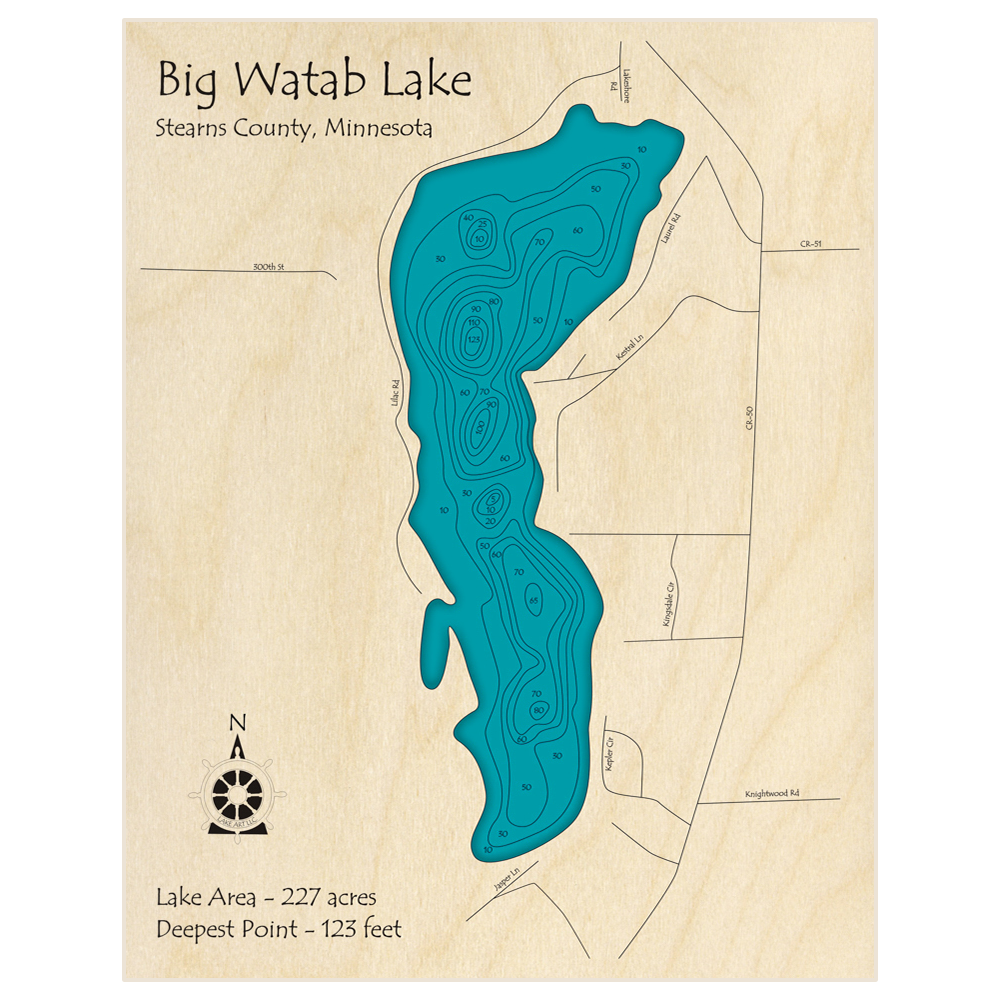 Bathymetric topo map of Big Watab Lake with roads, towns and depths noted in blue water