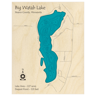 Bathymetric topo map of Big Watab Lake with roads, towns and depths noted in blue water