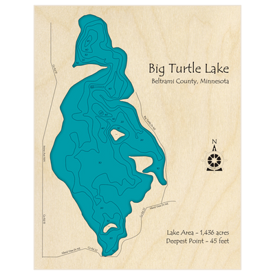 Bathymetric topo map of Big Turtle Lake with roads, towns and depths noted in blue water