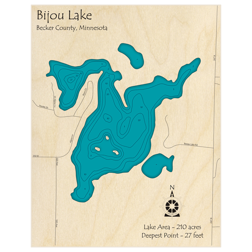 Bathymetric topo map of Bijou Lake with roads, towns and depths noted in blue water