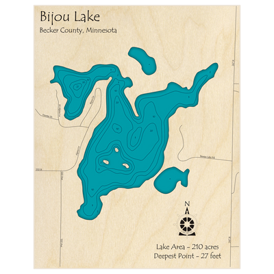 Bathymetric topo map of Bijou Lake with roads, towns and depths noted in blue water