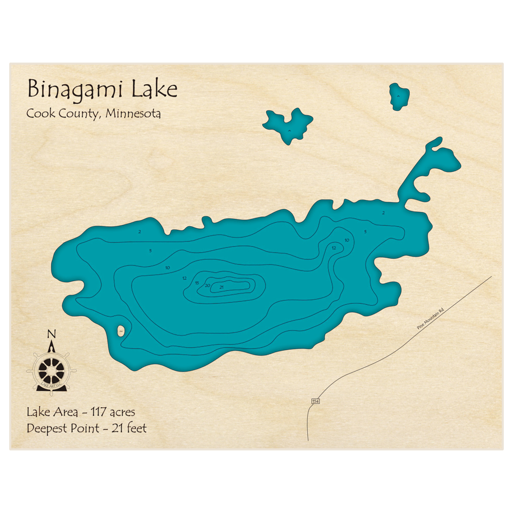 Bathymetric topo map of Binagami Lake with roads, towns and depths noted in blue water