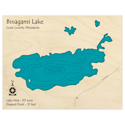 Bathymetric topo map of Binagami Lake with roads, towns and depths noted in blue water