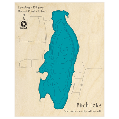 Bathymetric topo map of Birch Lake with roads, towns and depths noted in blue water