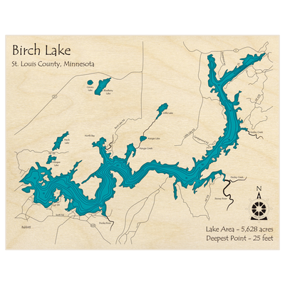 Bathymetric topo map of Birch Lake with roads, towns and depths noted in blue water