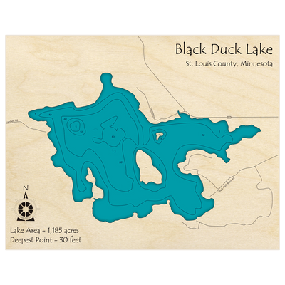 Bathymetric topo map of Black Duck Lake with roads, towns and depths noted in blue water