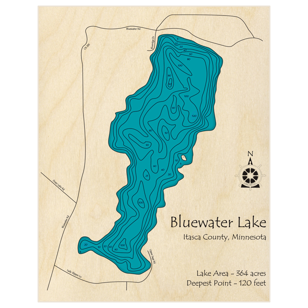 Bathymetric topo map of Bluewater Lake with roads, towns and depths noted in blue water