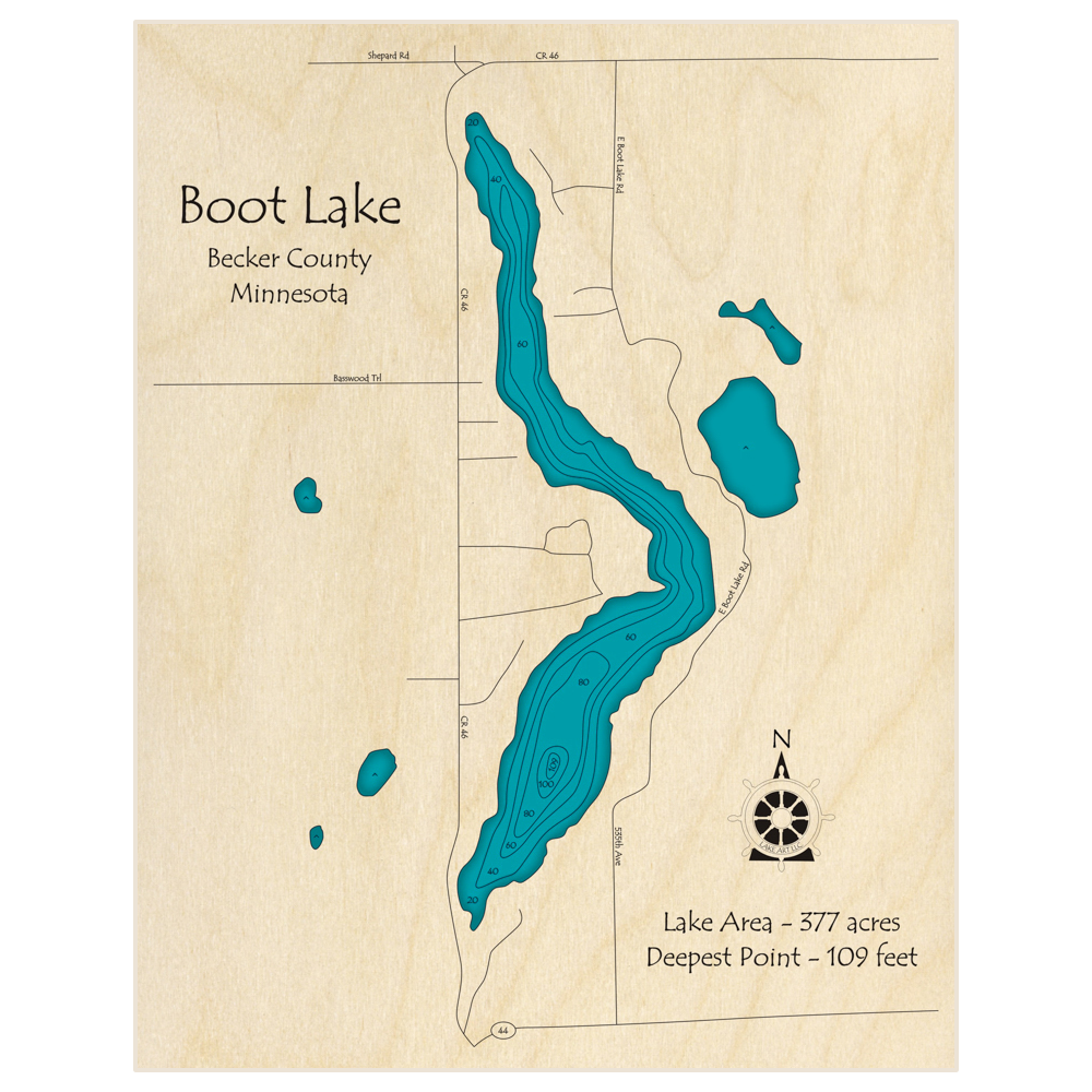 Bathymetric topo map of Boot Lake with roads, towns and depths noted in blue water