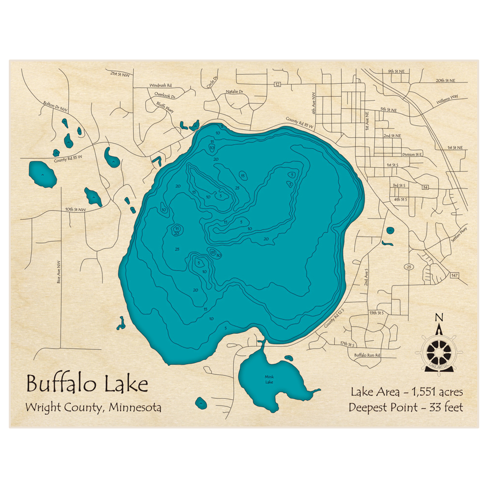 Bathymetric topo map of Buffalo Lake with roads, towns and depths noted in blue water