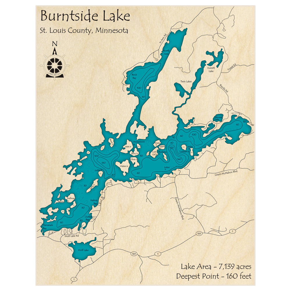 Bathymetric topo map of Burntside Lake with roads, towns and depths noted in blue water