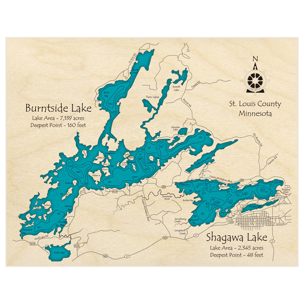 Bathymetric topo map of Burntside Lake and Shagawa Lake with roads, towns and depths noted in blue water