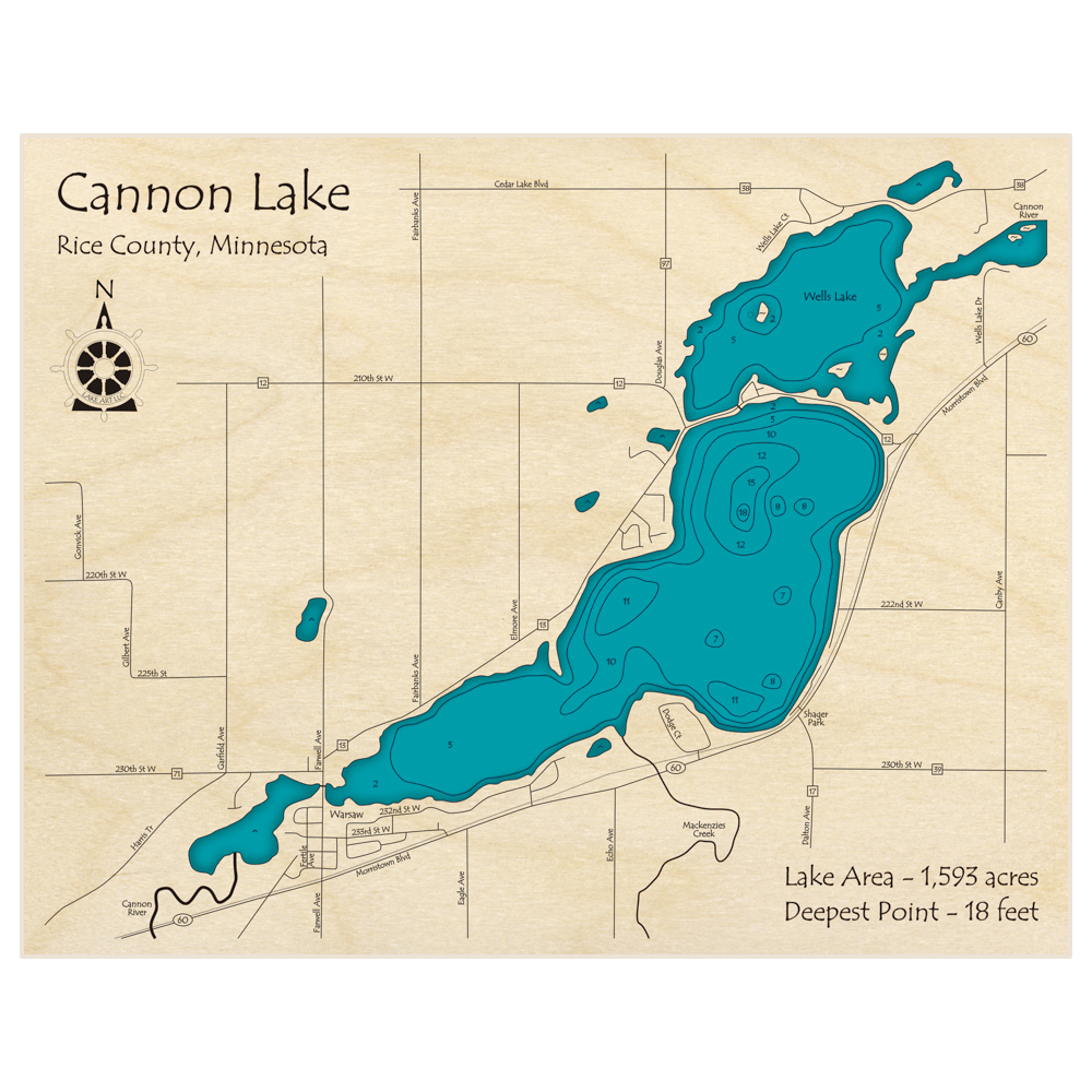 Bathymetric topo map of Cannon Lake and Wells Lake with roads, towns and depths noted in blue water