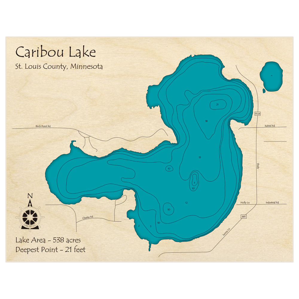 Bathymetric topo map of Caribou Lake with roads, towns and depths noted in blue water