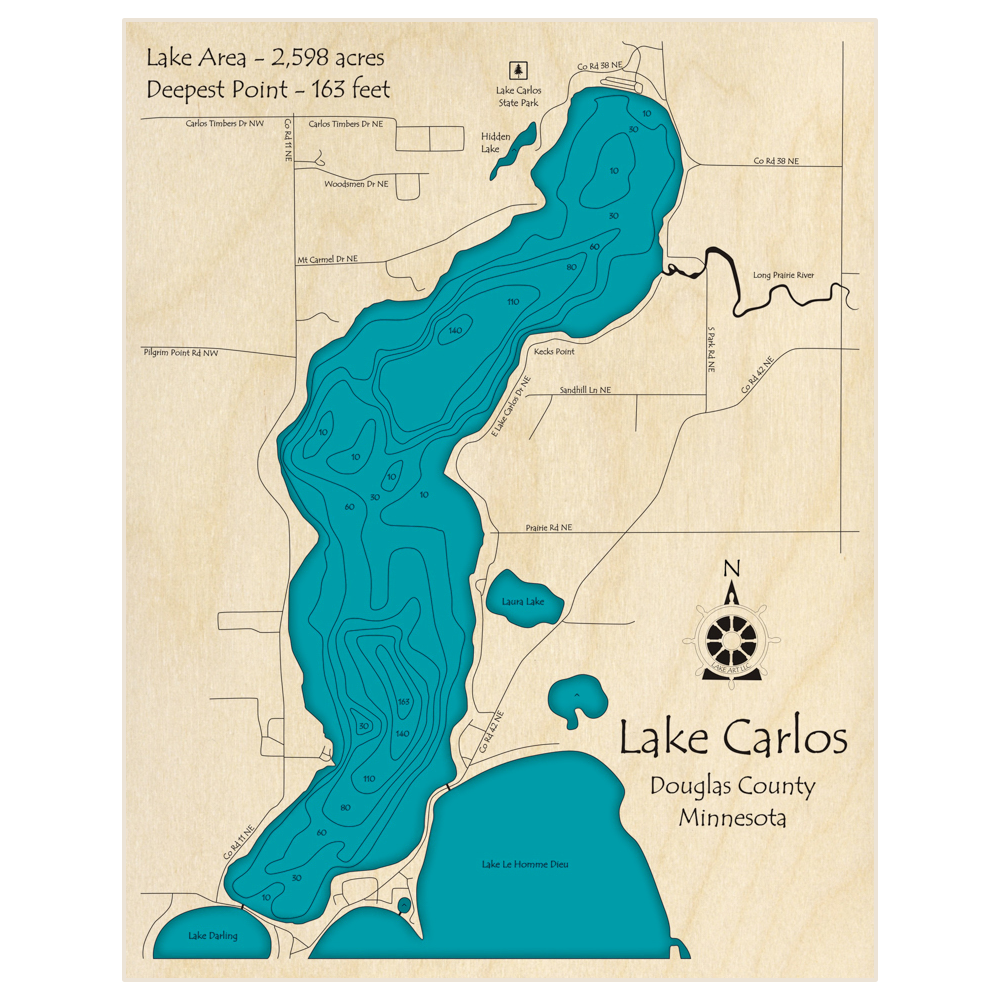 Bathymetric topo map of Lake Carlos with roads, towns and depths noted in blue water