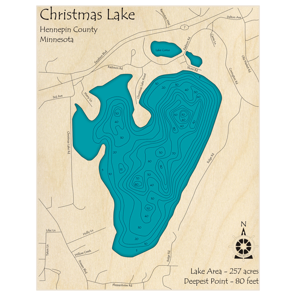 Bathymetric topo map of Christmas Lake with roads, towns and depths noted in blue water