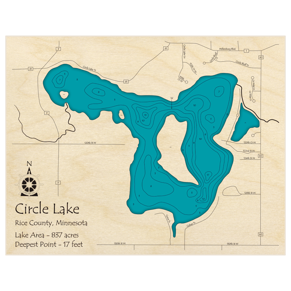 Bathymetric topo map of Circle Lake with roads, towns and depths noted in blue water