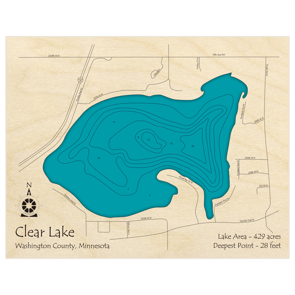 Bathymetric topo map of Clear Lake with roads, towns and depths noted in blue water