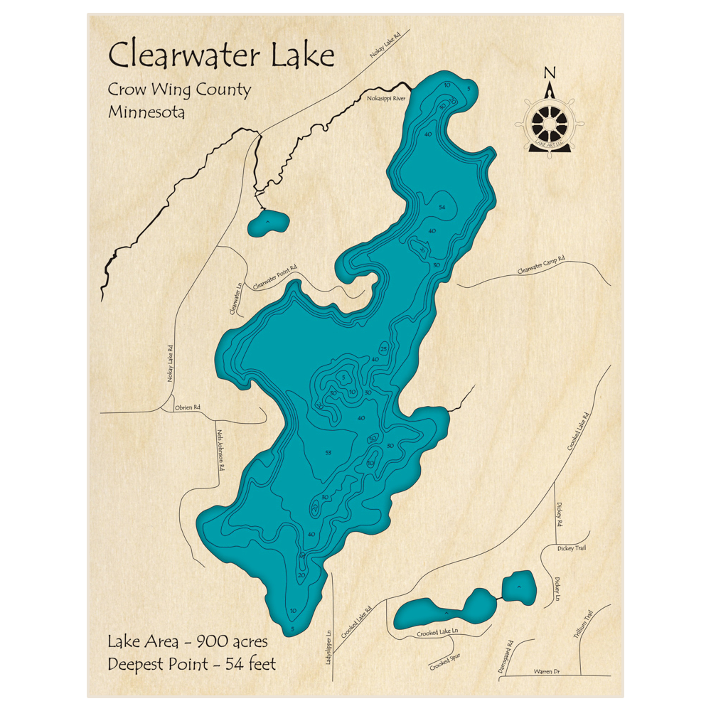 Bathymetric topo map of Clearwater Lake with roads, towns and depths noted in blue water