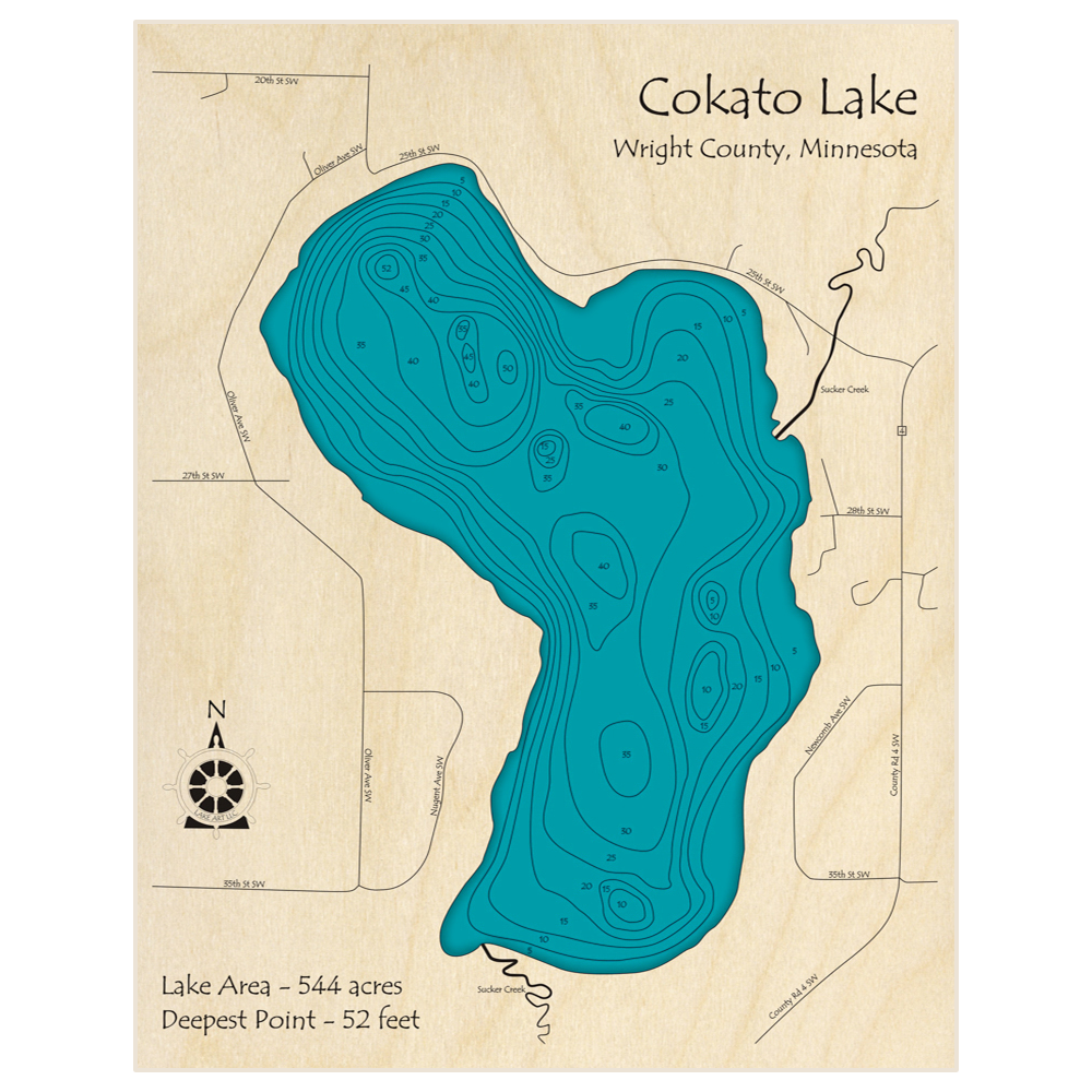 Bathymetric topo map of Cokato Lake with roads, towns and depths noted in blue water