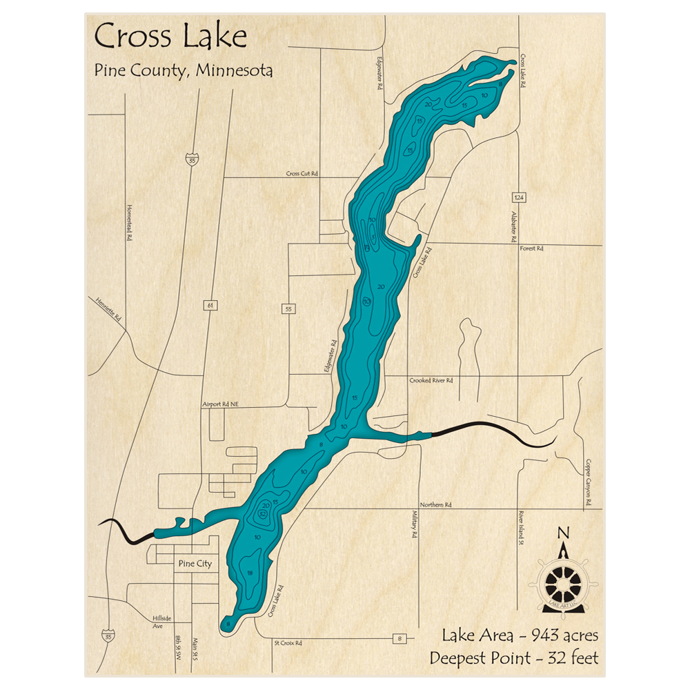 Bathymetric topo map of Cross Lake with roads, towns and depths noted in blue water