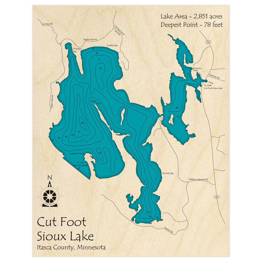 Bathymetric topo map of Cut Foot Sioux Lake with roads, towns and depths noted in blue water