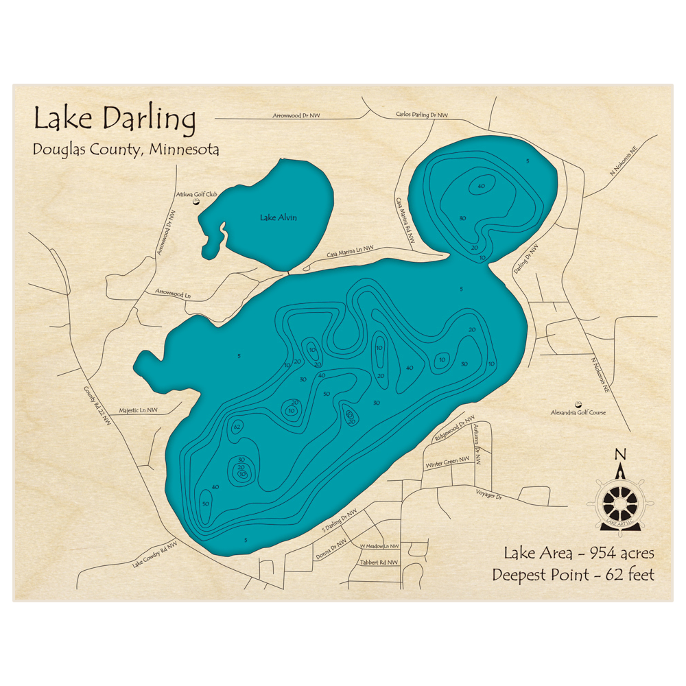 Bathymetric topo map of Lake Darling with roads, towns and depths noted in blue water