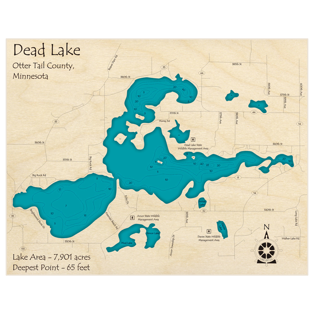 Bathymetric topo map of Dead Lake with roads, towns and depths noted in blue water