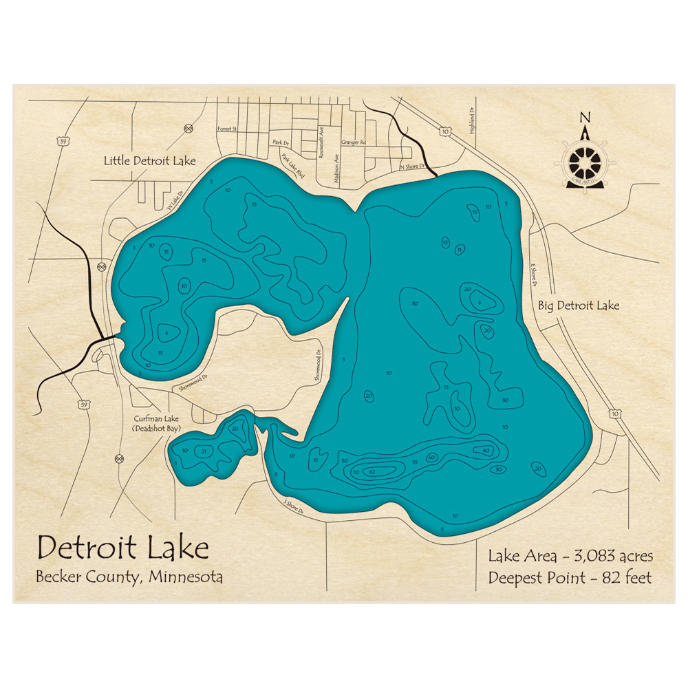 Bathymetric topo map of Detroit Lake with roads, towns and depths noted in blue water