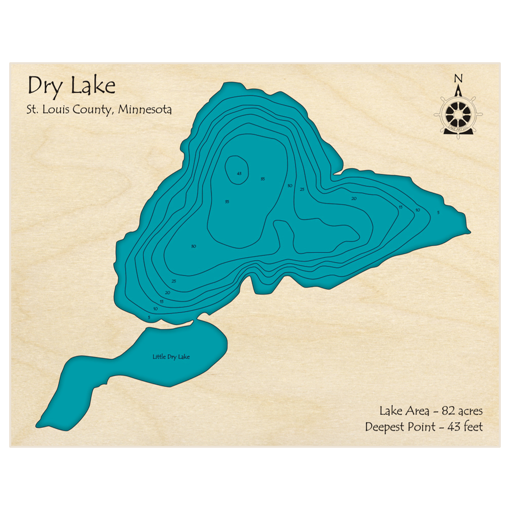 Bathymetric topo map of Dry Lake and Little Dry Lake with roads, towns and depths noted in blue water