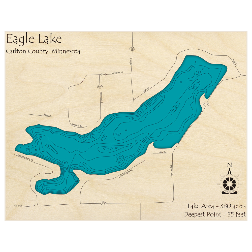 Bathymetric topo map of Eagle Lake with roads, towns and depths noted in blue water