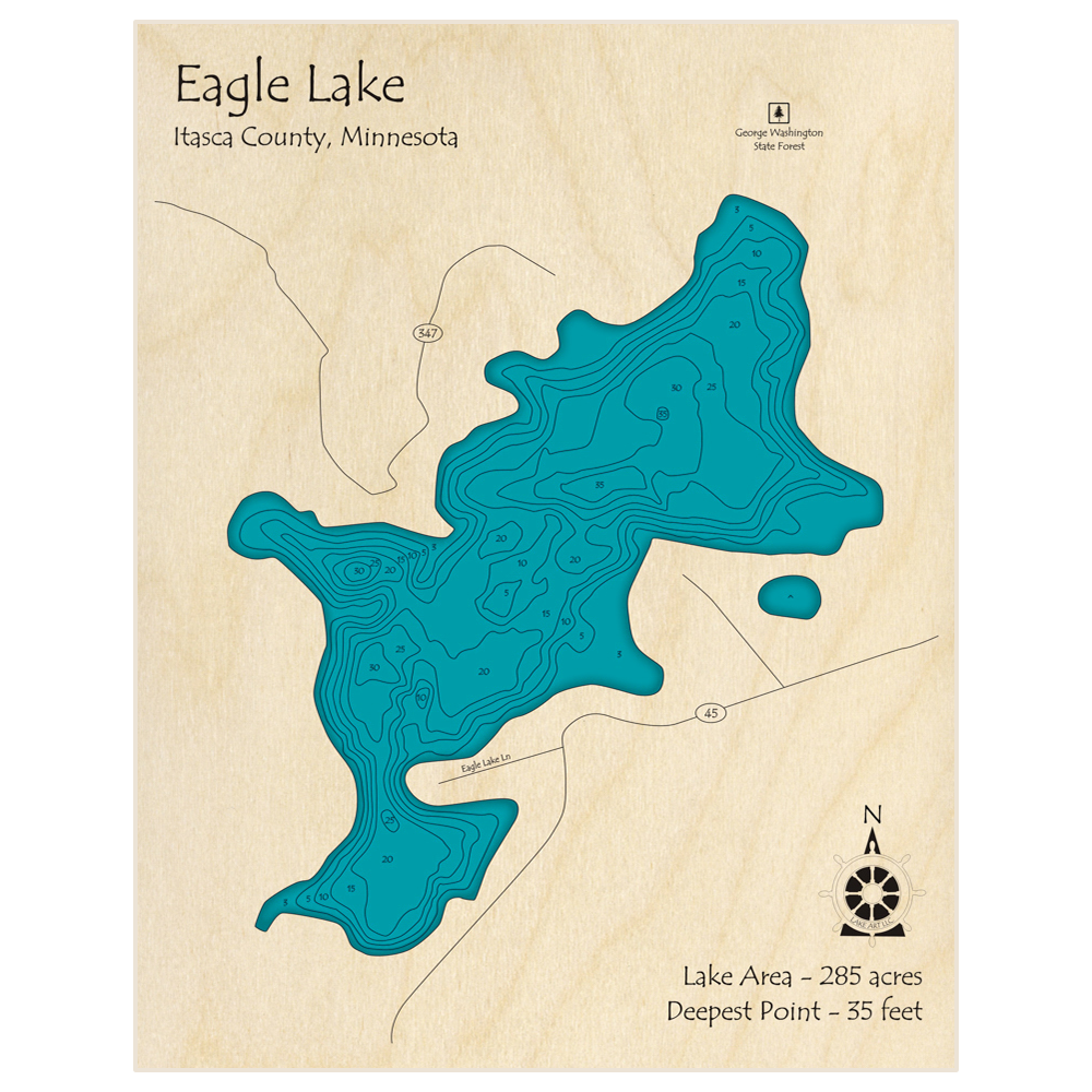 Bathymetric topo map of Eagle Lake with roads, towns and depths noted in blue water