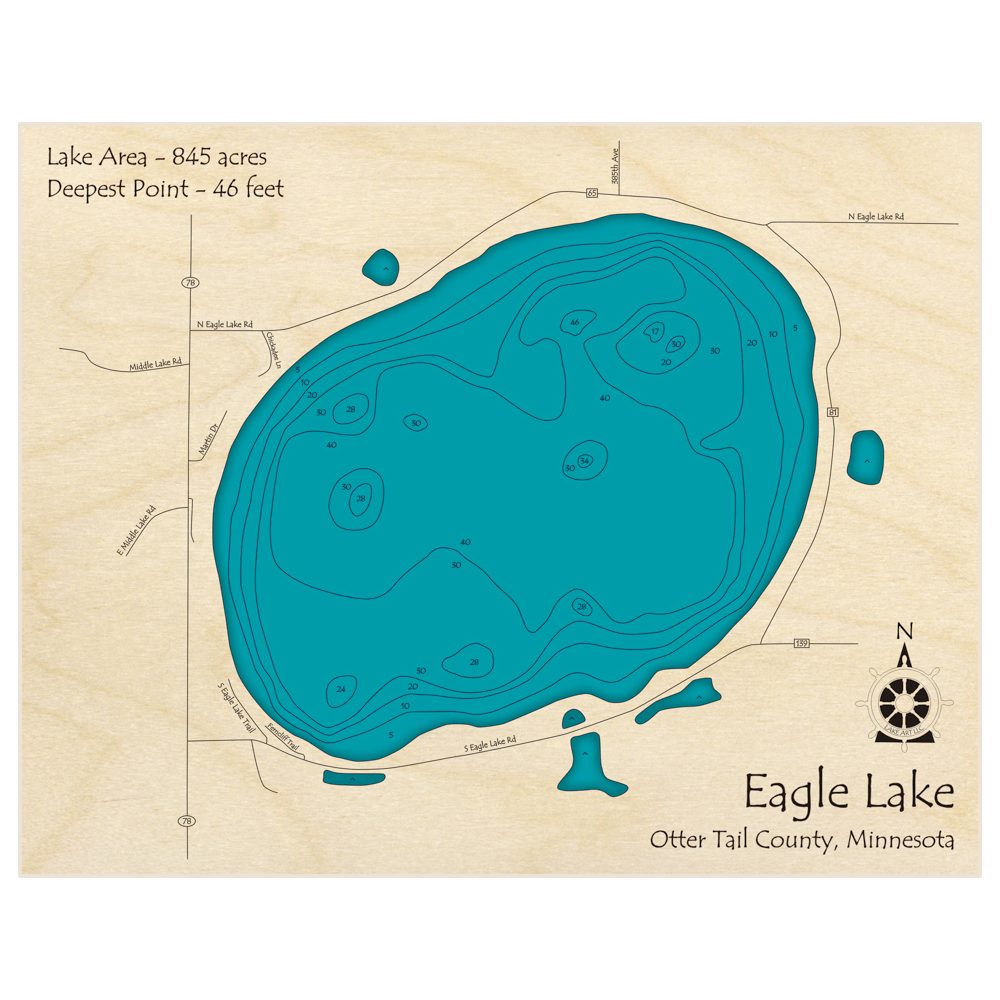 Bathymetric topo map of Eagle Lake with roads, towns and depths noted in blue water