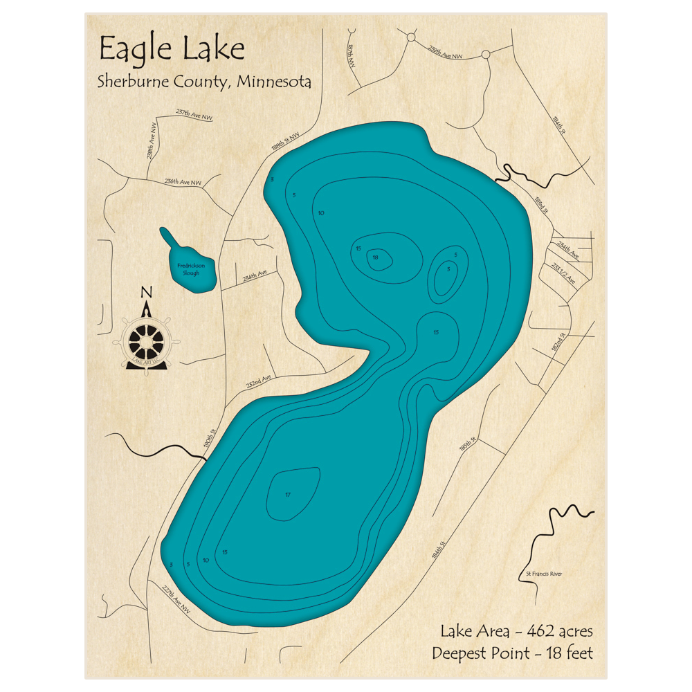 Bathymetric topo map of Eagle Lake with roads, towns and depths noted in blue water