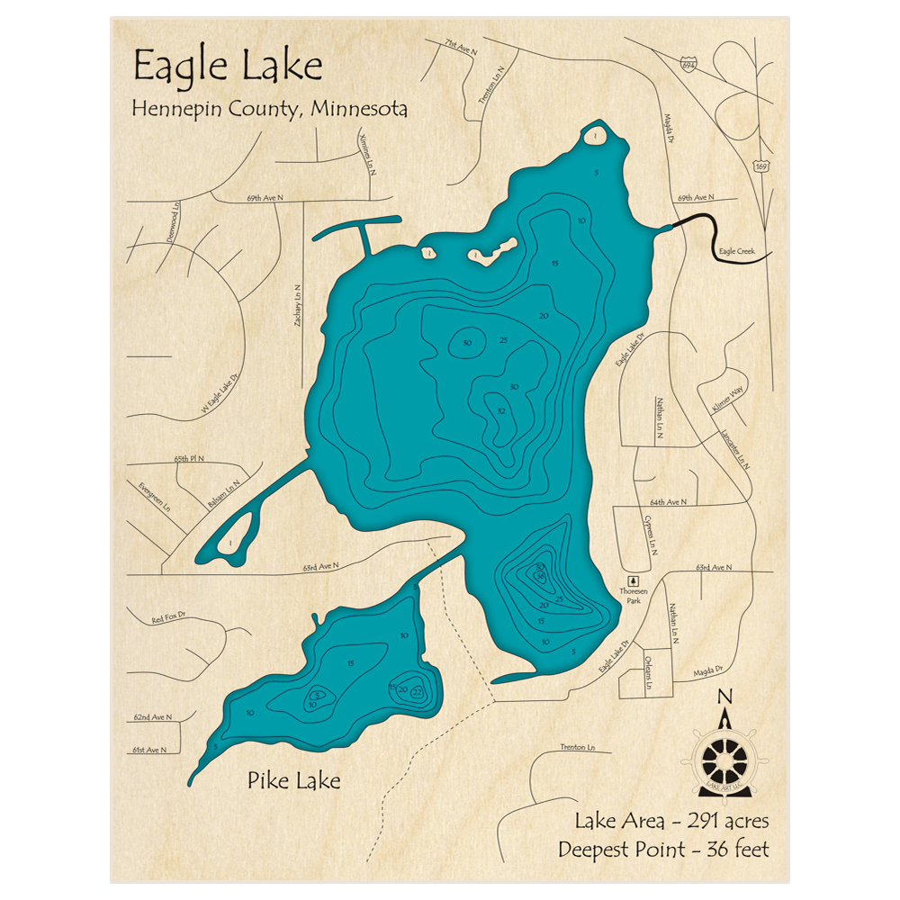 Bathymetric topo map of Eagle Lake (with Pike Lake) (Near I-694) with roads, towns and depths noted in blue water