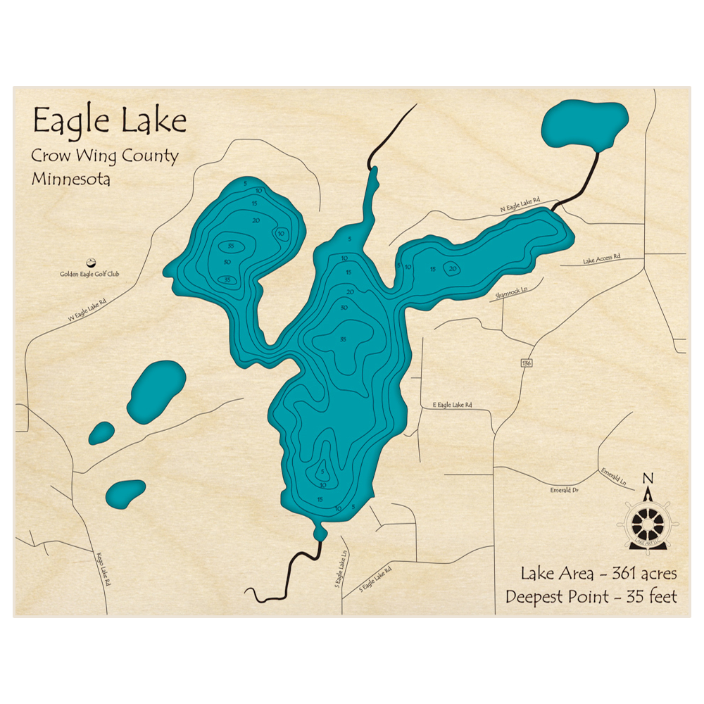 Bathymetric topo map of Eagle Lake (near Fifty Lakes) with roads, towns and depths noted in blue water