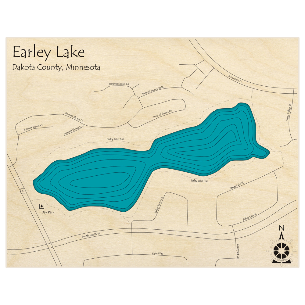 Bathymetric topo map of Earley Lake  with roads, towns and depths noted in blue water