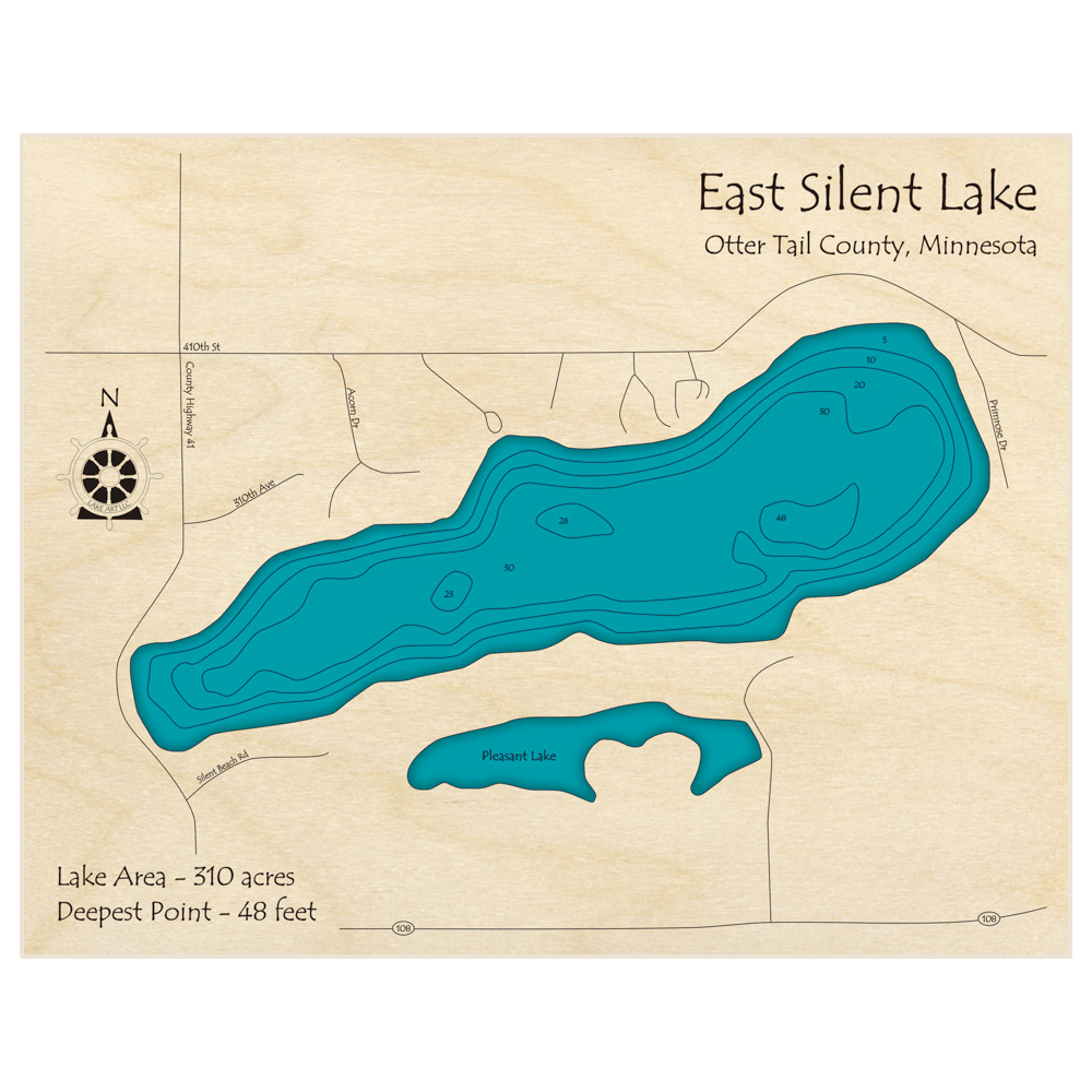 Bathymetric topo map of Silent Lake (East) with roads, towns and depths noted in blue water