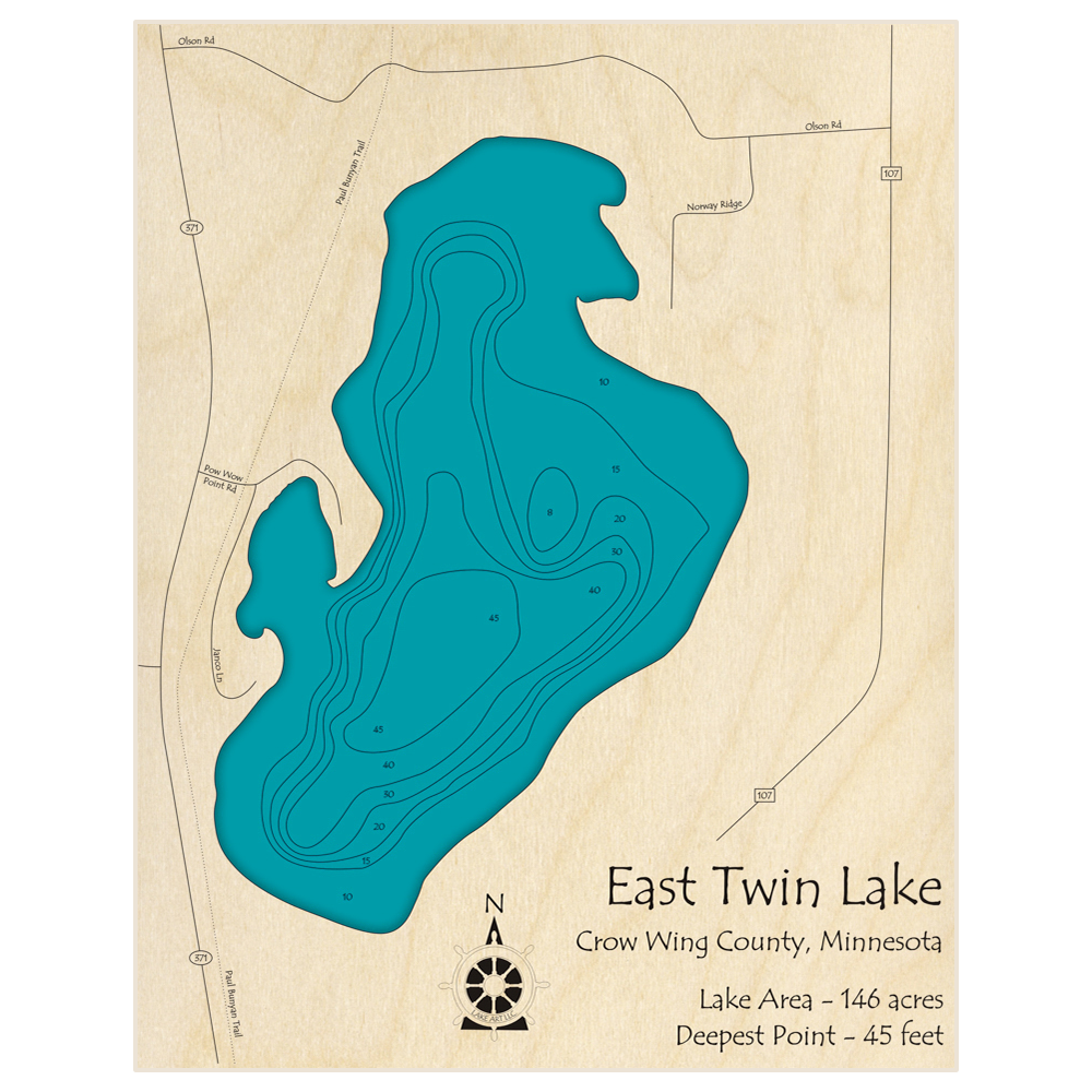 Bathymetric topo map of Twin Lake (East) near Hwy 371 and Nisswa with roads, towns and depths noted in blue water
