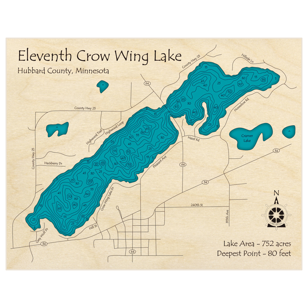 Bathymetric topo map of Eleventh Crow Wing Lake with roads, towns and depths noted in blue water