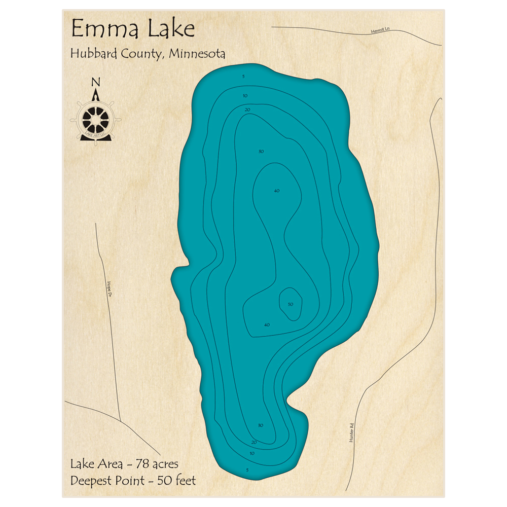 Bathymetric topo map of Emma Lake with roads, towns and depths noted in blue water