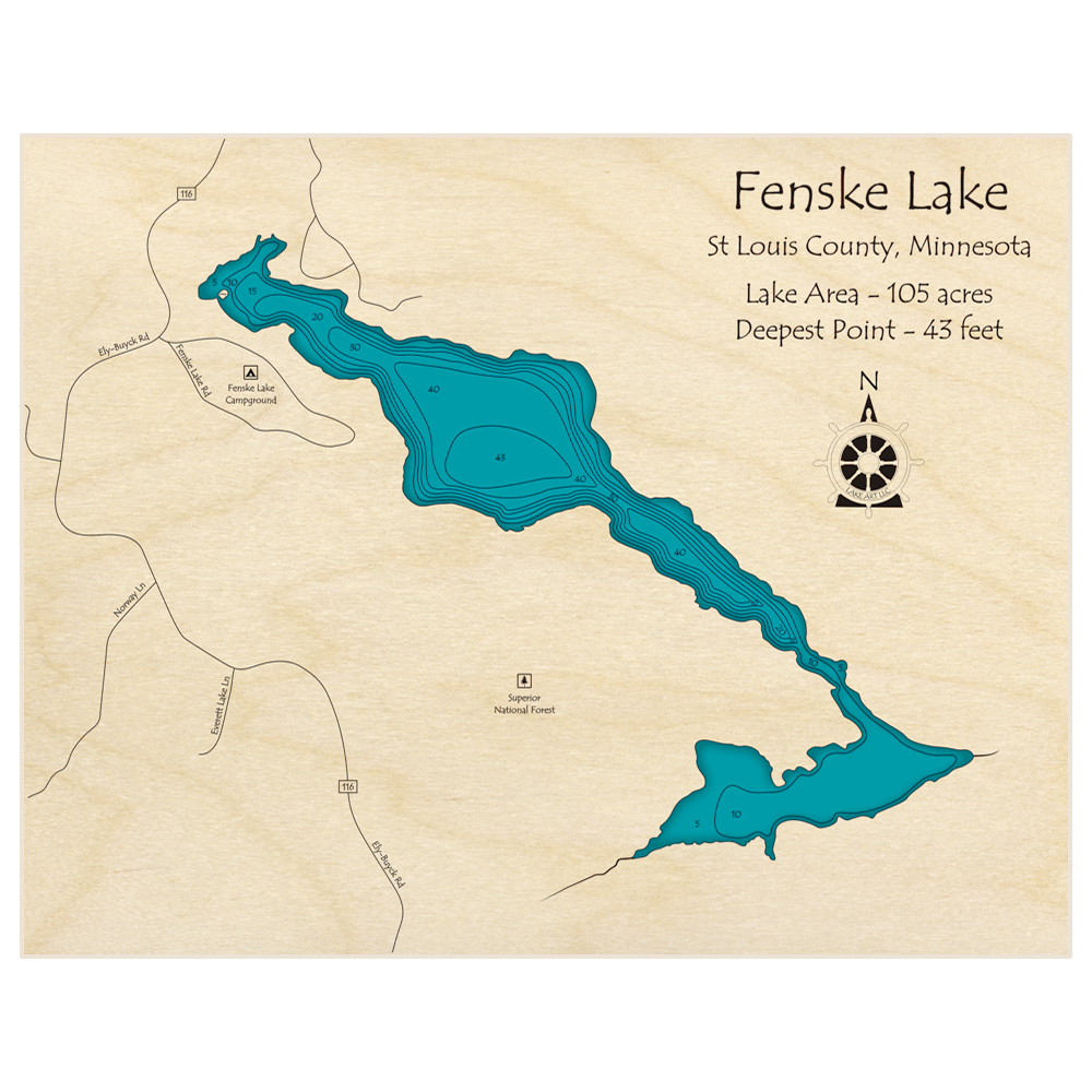 Bathymetric topo map of Fenske Lake with roads, towns and depths noted in blue water