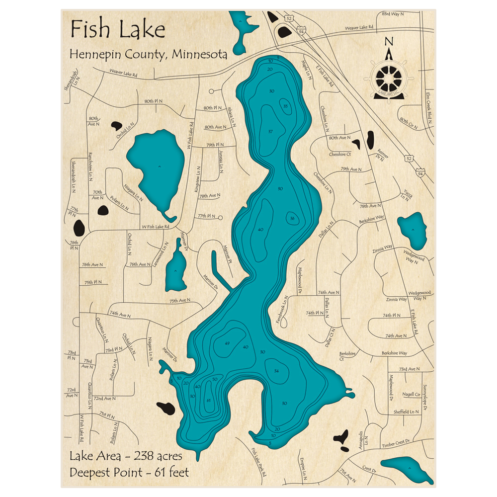 Bathymetric topo map of Fish Lake with roads, towns and depths noted in blue water