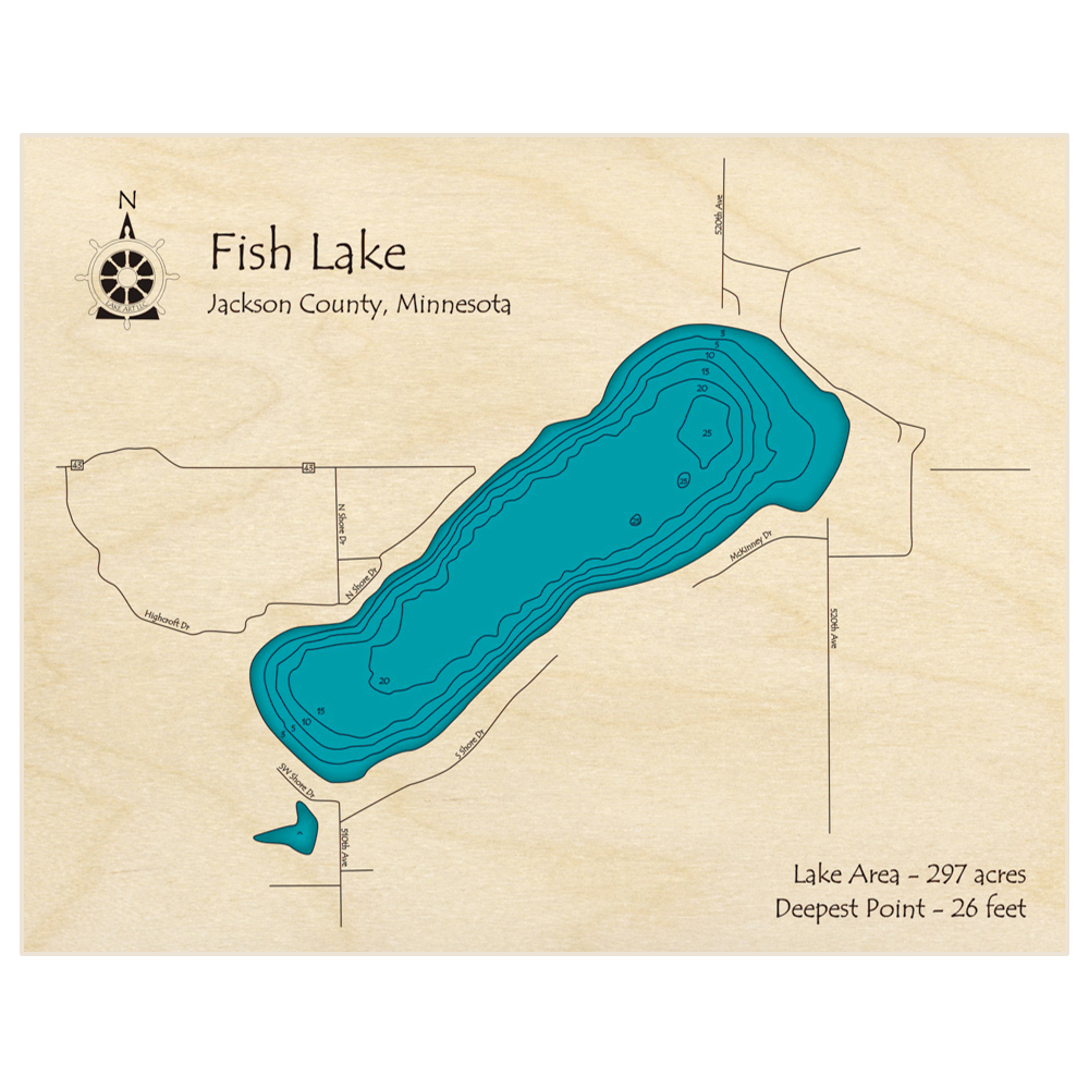 Bathymetric topo map of Fish Lake with roads, towns and depths noted in blue water