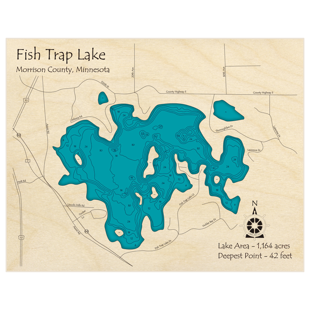 Bathymetric topo map of Fish Trap Lake with roads, towns and depths noted in blue water