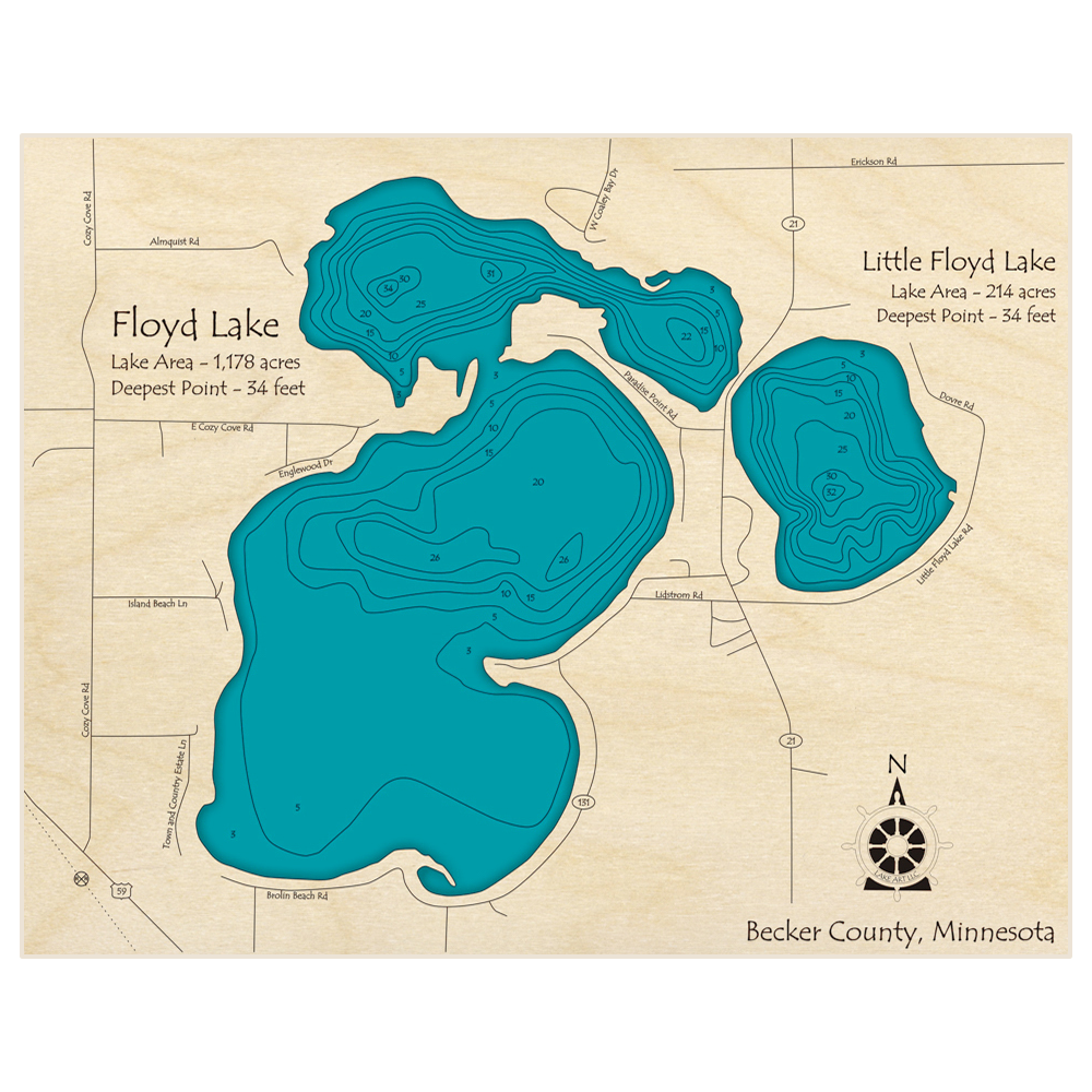 Bathymetric topo map of Floyd Lake (With Little Floyd Lake) with roads, towns and depths noted in blue water