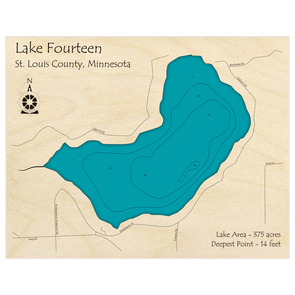 Bathymetric topo map of Lake Fourteen with roads, towns and depths noted in blue water