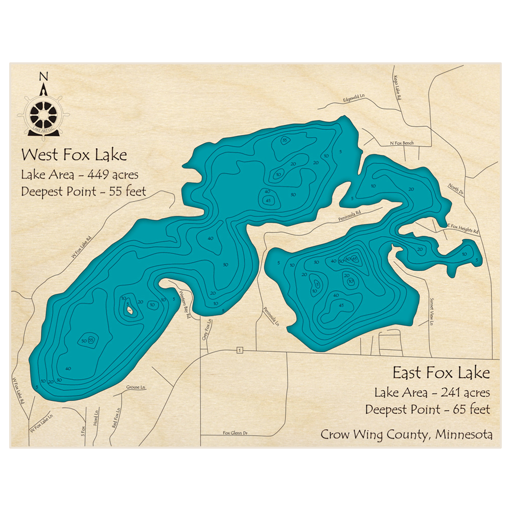 Bathymetric topo map of Fox Lake (East and West) with roads, towns and depths noted in blue water