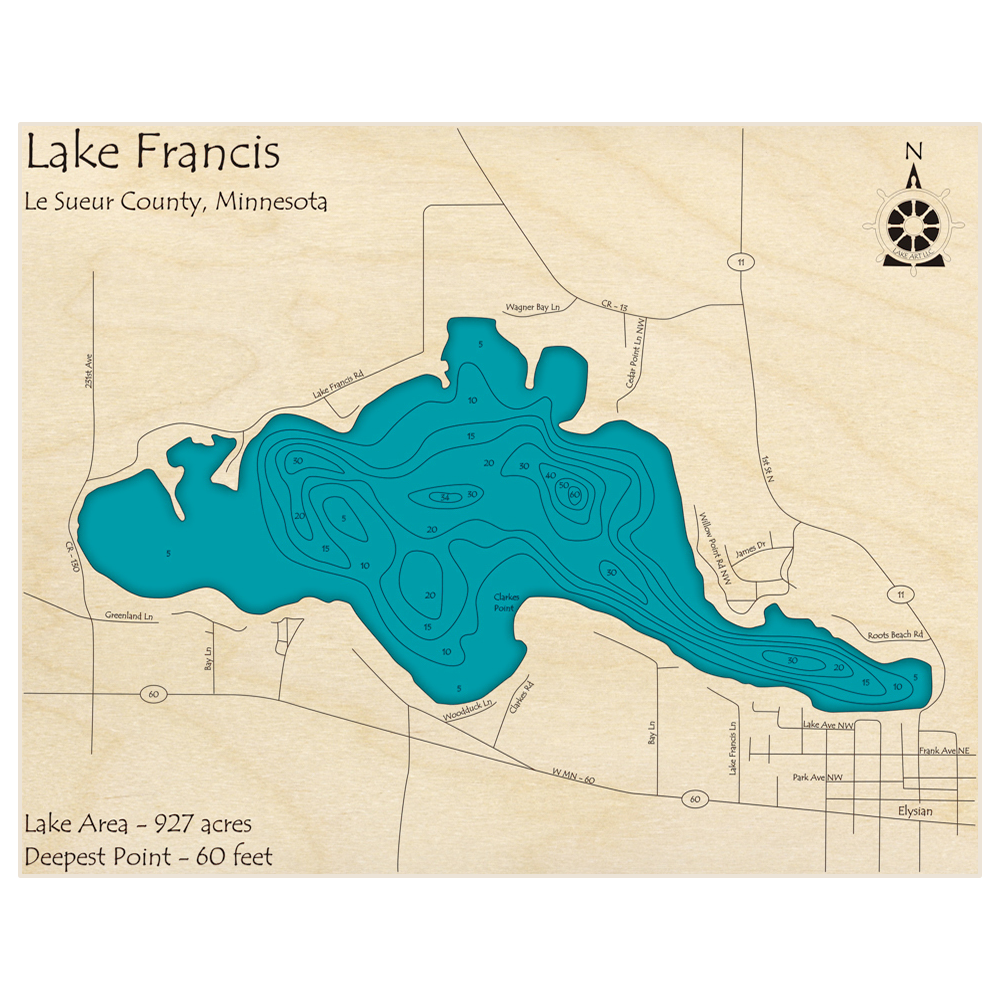 Bathymetric topo map of Lake Francis with roads, towns and depths noted in blue water