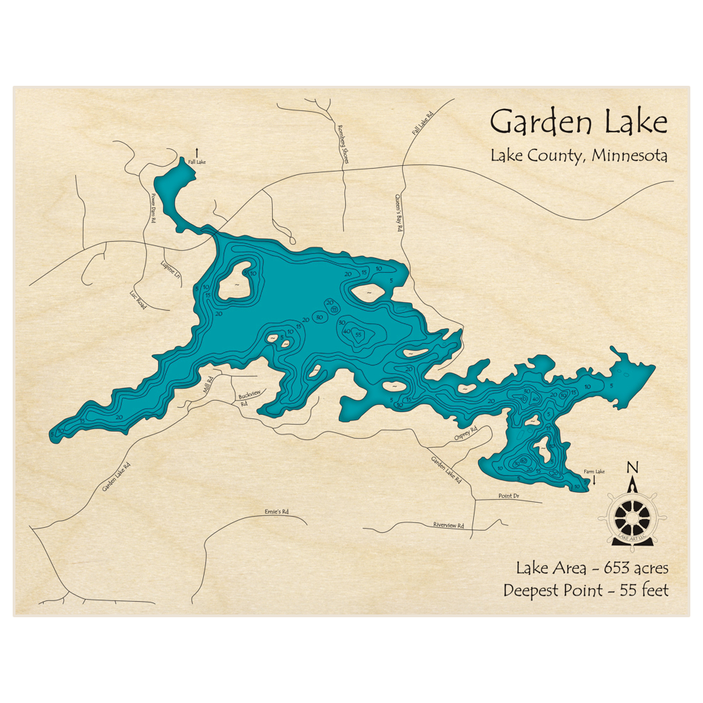 Bathymetric topo map of Garden Lake with roads, towns and depths noted in blue water