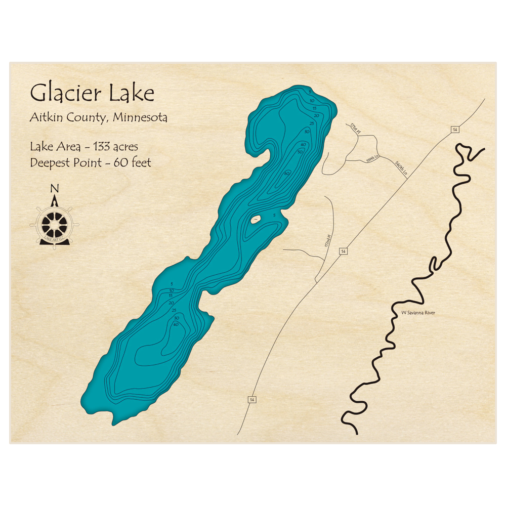 Bathymetric topo map of Glacier Lake with roads, towns and depths noted in blue water